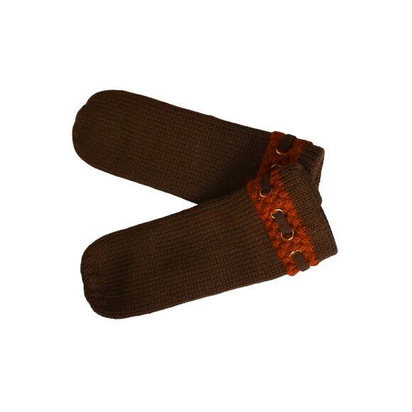 1980s Brown & Orange Acrylic Knit Silver GrommetsWomen's Mittens Made in Japan - Picture 3 of 5